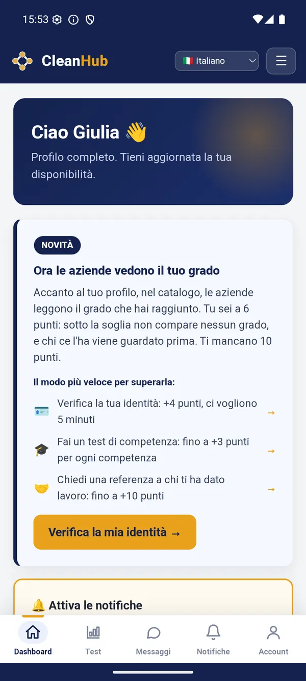 Worker dashboard in the CleanHub app