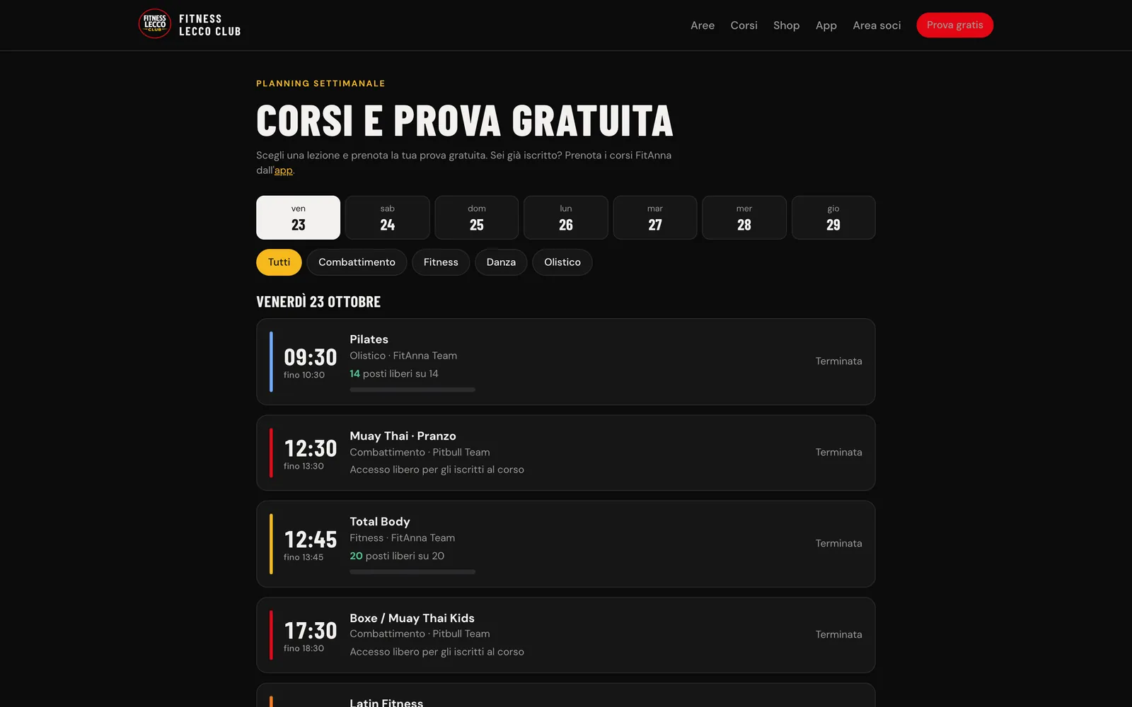 Fitness Lecco Club class schedule