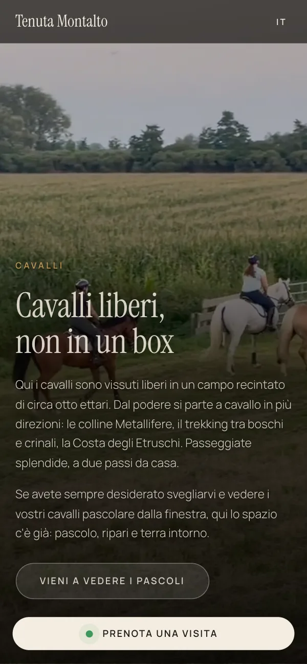 Horses section of the Tenuta Montalto website on a phone