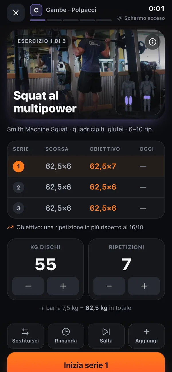 Workout in progress in the Palestra app